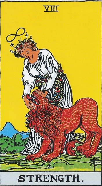Tarot Card Strength
A woman in white, wearing both a crown and girdle of leaves and berries, stands petting a lion that is responding just like a happy pet. Above her head is an infinity symbol. There are mountains and trees in the distance and the sky is a bright yellow.