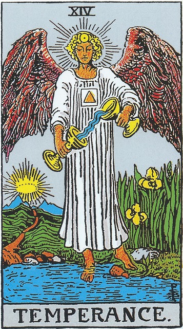 Tarot cards Number 14, Temperance.
An angel, wings outspread, stands at the edge of a body of water, one foot in, one out. Around the pool grow yellow irises. In his hands he is pouring from one chalice into the other. The center of his forehead Has a symbol, a circle with a dot in the middle, and his head is surrounded by a nimbus of light. At the center of his chest, is a square containing a triangle within. A path meanders away from the water in the direction of two mountains with a sun rising in the middle